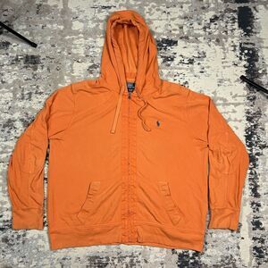 VTG Polo Ralph Lauren Adult XL Orange Full Zip Hoodie Sweatshirt Elbow Patch